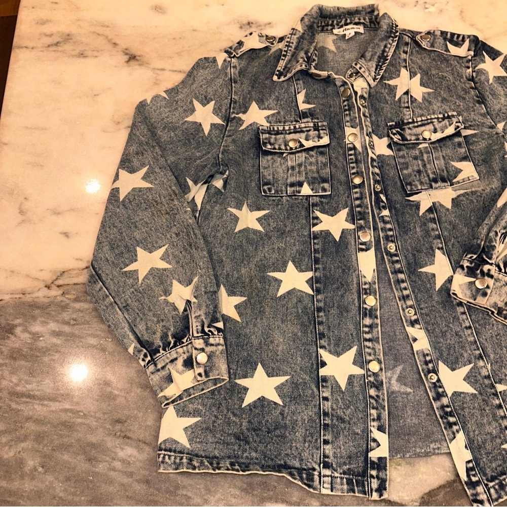 Macaron Size Small White Star Pattern Denim Jacket - Picture 5 of 12